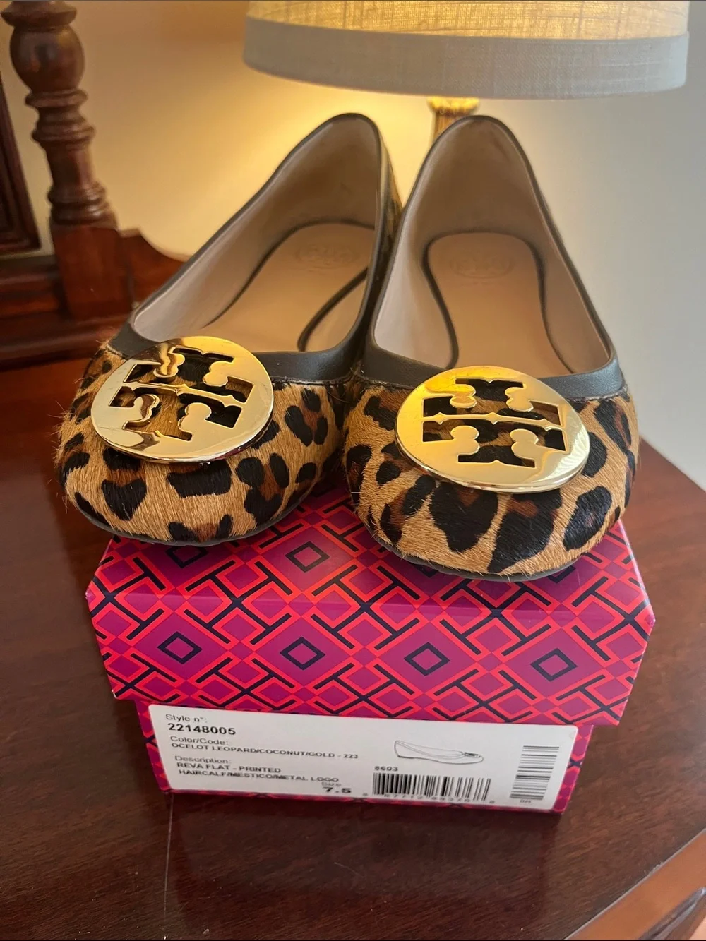 Tory Burch Leopard-Print Reva Flats with Gold Logo Medallion